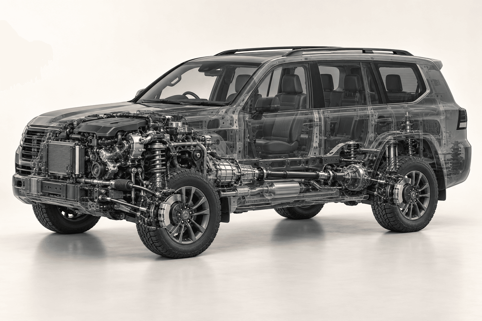 Technical cutaway of a four-wheel-drive vehicle showing its engine, transmission, steering, brakes, suspension and drivetrain